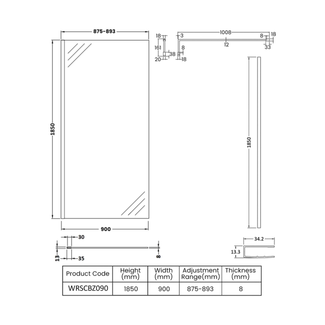 Nuie Wet Room Screen 1850mm High x 900mm Wide with Support Bar 8mm Glass - Brushed Bronze  | Dimension Image