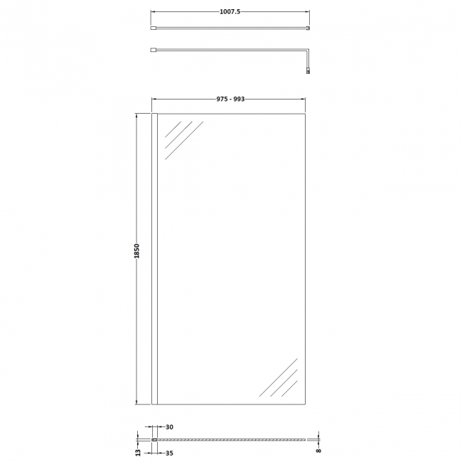 Nuie Wet Room Screen 1850mm High x 1000mm Wide with Support Bar 8mm Glass - Brushed Pewter