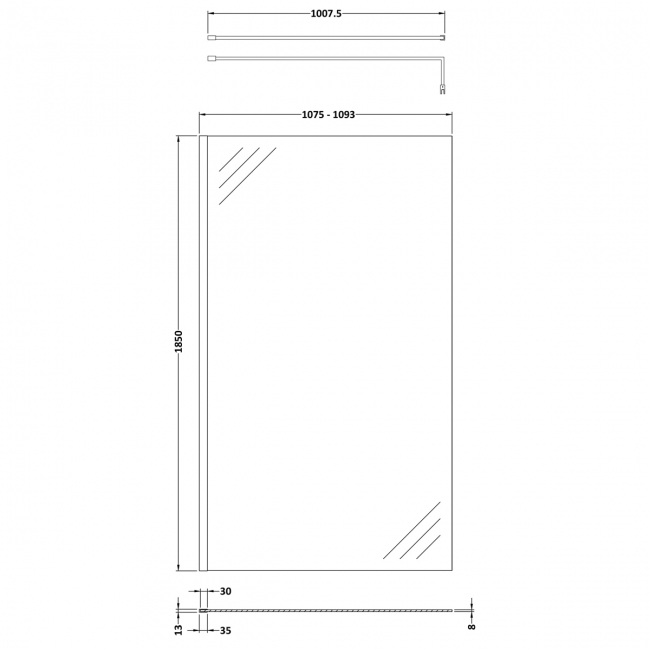 Nuie Wet Room Screen 1850mm High x 1100mm Wide with Support Bar 8mm Glass - Brushed Pewter  | Dimension Image