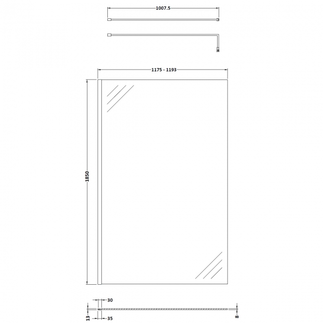 Nuie Wet Room Screen 1850mm High x 1200mm Wide with Support Bar 8mm Glass - Brushed Pewter  | Dimension Image