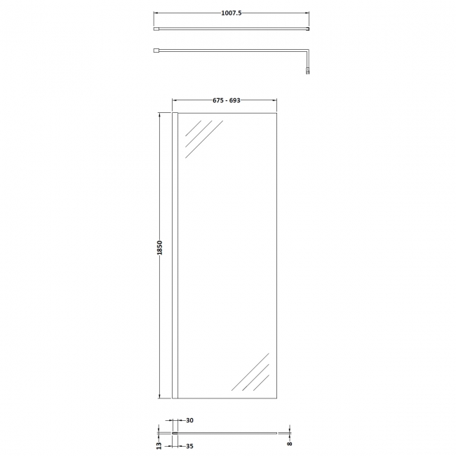 Nuie Wet Room Screen 1850mm High x 700mm Wide with Support Bar 8mm Glass - Brushed Pewter  | Dimension Image