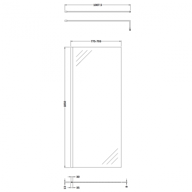 Nuie Wet Room Screen 1850mm High x 800mm Wide with Support Bar 8mm Glass - Brushed Pewter  | Dimension Image