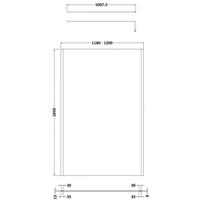 Nuie Outer Framed Wetroom Screen 1850mm High x 1200mm Wide with Support Bar 8mm Glass - Brushed Pewter  | Dimension Image