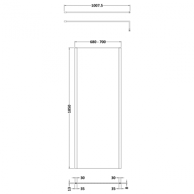 Nuie Outer Framed Wetroom Screen 1850mm High x 700mm Wide with Support Bar 8mm Glass - Brushed Pewter  | Dimension Image