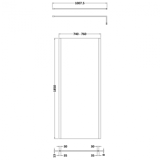 Nuie Outer Framed Wetroom Screen 1850mm High x 760mm Wide with Support Bar 8mm Glass - Brushed Pewter  | Dimension Image