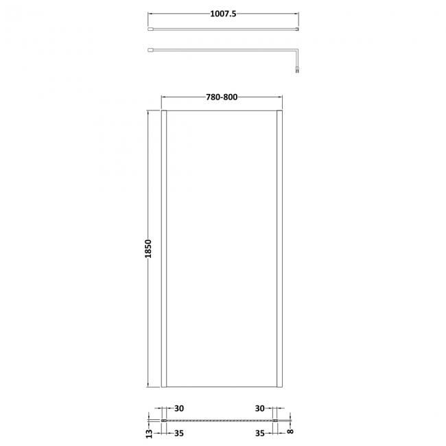 Nuie Outer Framed Wetroom Screen 1850mm High x 800mm Wide with Support Bar 8mm Glass - Brushed Pewter  | Dimension Image