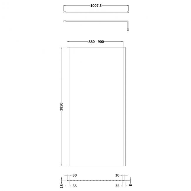 Nuie Outer Framed Wetroom Screen 1850mm High x 900mm Wide with Support Bar 8mm Glass - Brushed Pewter