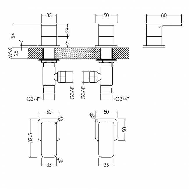 Nuie Windon Side Valves Deck Mounted - Chrome