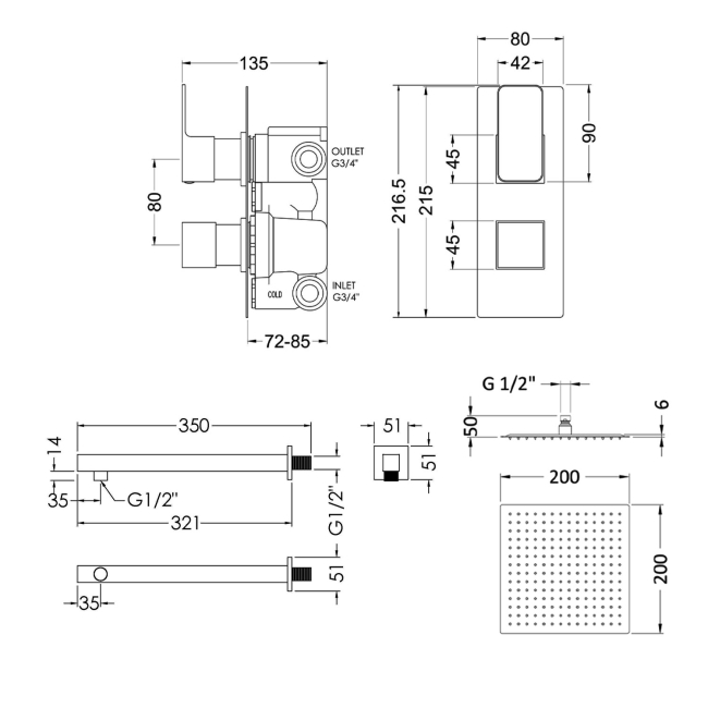 Nuie Windon Thermostatic Twin Square Concealed Shower Valve with Fixed Head and Arm - Chrome  | Dimension Image