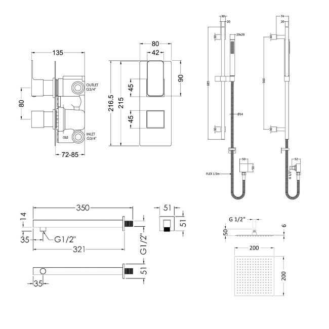 Nuie Windon Thermostatic Twin Concealed Complete Mixer Shower with Diverter - Chrome  | Dimension Image