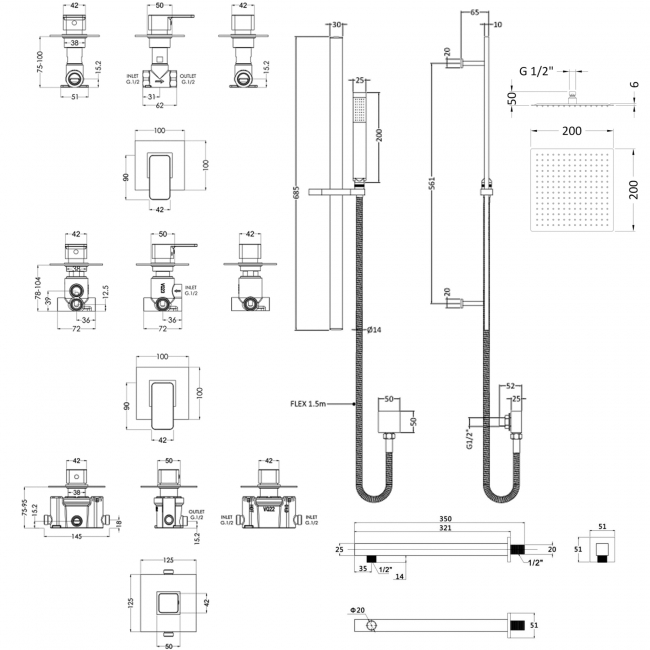 Nuie Windon Thermostatic Concealed Mixer Shower with Shower Kit + Fixed Head Stop Tap and Diverter
