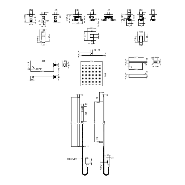 Nuie Windon Thermostatic Concealed Mixer Shower with Shower Kit + Fixed Head Stop Tap and Bath Spout  | Dimension Image