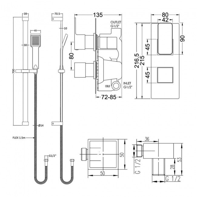 Nuie Windon Twin Square Thermostatic Concealed Shower Valve with Slider Rail Kit - Chrome