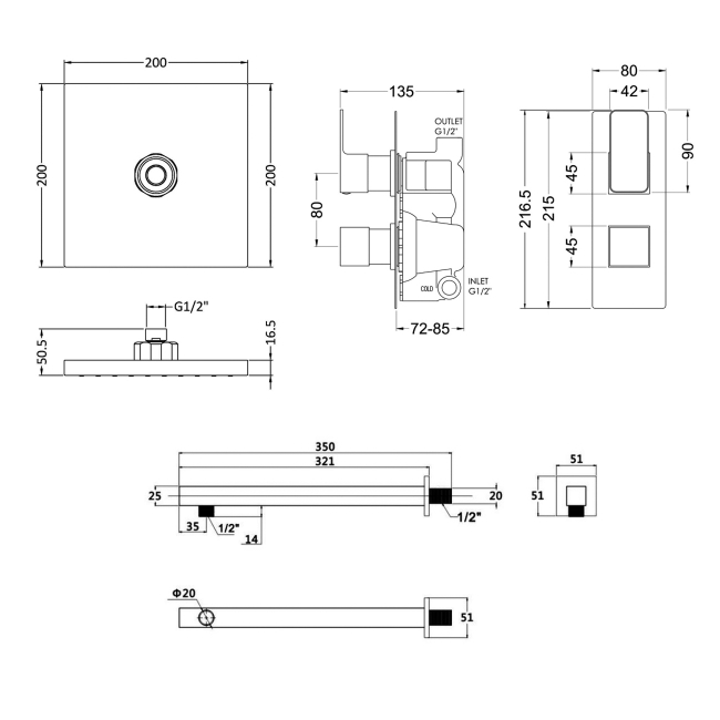 Nuie Windon Twin Square Thermostatic Concealed Shower Valve with Fixed Head and Arm - Chrome