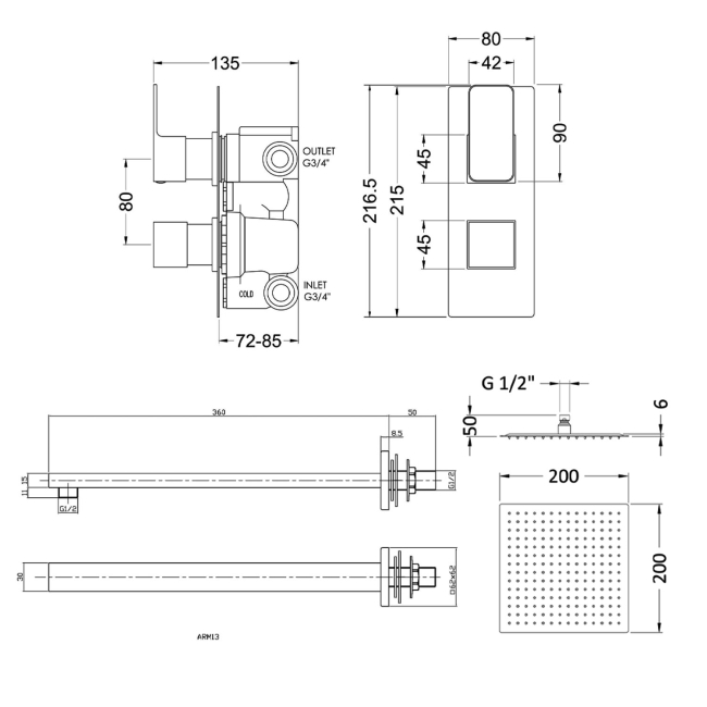 Nuie Windon Thermostatic Twin Square Concealed Shower Valve with Fixed Head and Arm - Matt Black  | Dimension Image