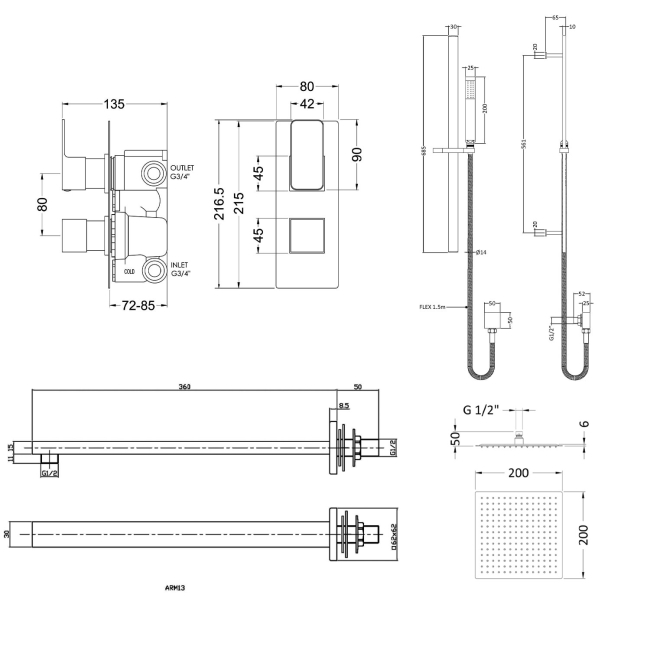 Nuie Windon Thermostatic Twin Concealed Complete Mixer Shower with Diverter - Matt Black  | Dimension Image