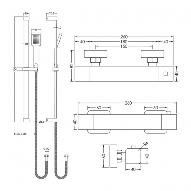 Nuie Windon Square Thermostatic Bar Shower Valve with Slider Rail Kit - Chrome