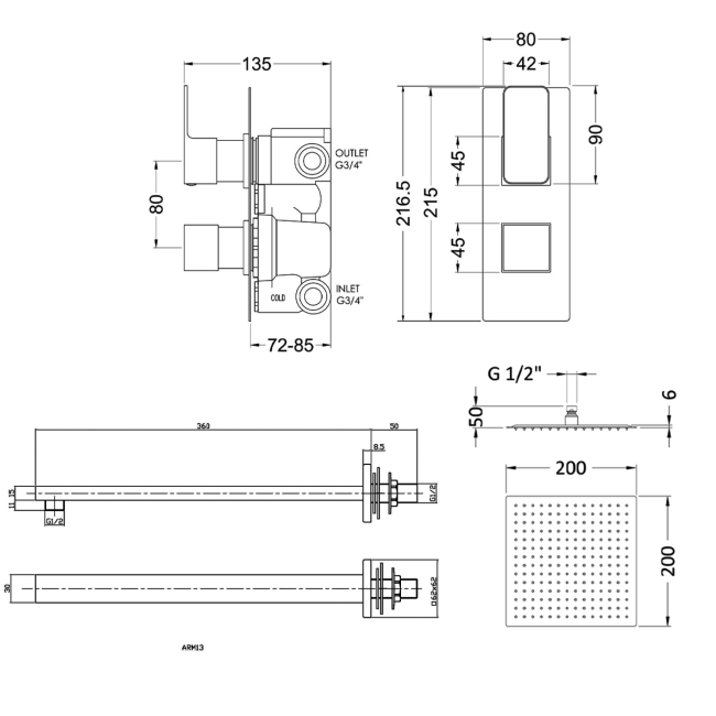 Nuie Windon Thermostatic Twin Square Concealed Shower Valve with Fixed Head and Arm - Brushed Brass  | Dimension Image