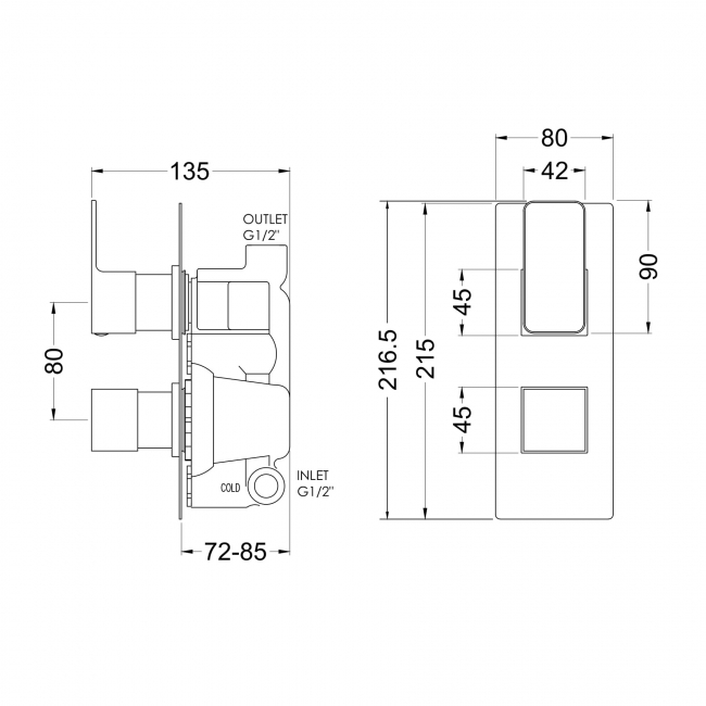Nuie Windon Twin Square Thermostatic Concealed Shower Valve - Brushed Bronze  | Dimension Image
