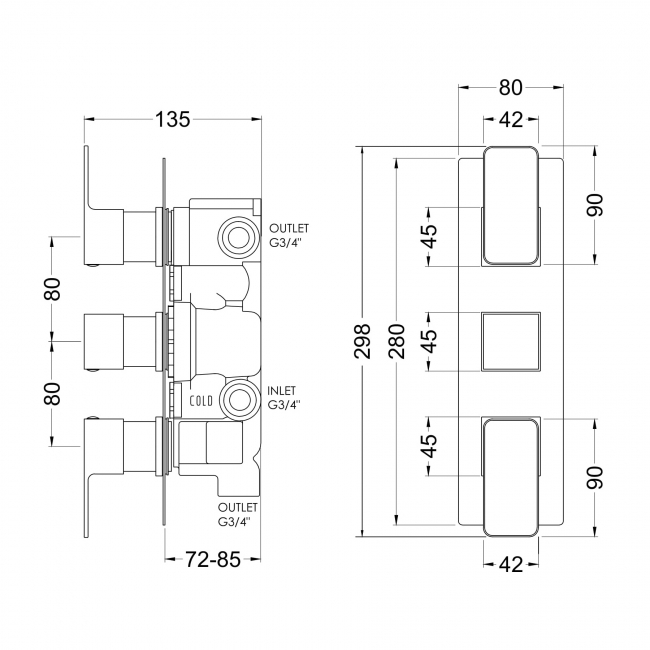Nuie Windon Thermostatic Concealed Shower Valve with Diverter Triple Handle - Brushed Bronze  | Dimension Image