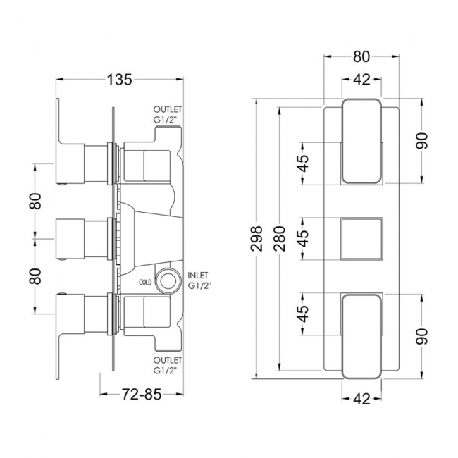 Nuie Windon Thermostatic Concealed Shower Valve Triple Handle - Brushed Bronze