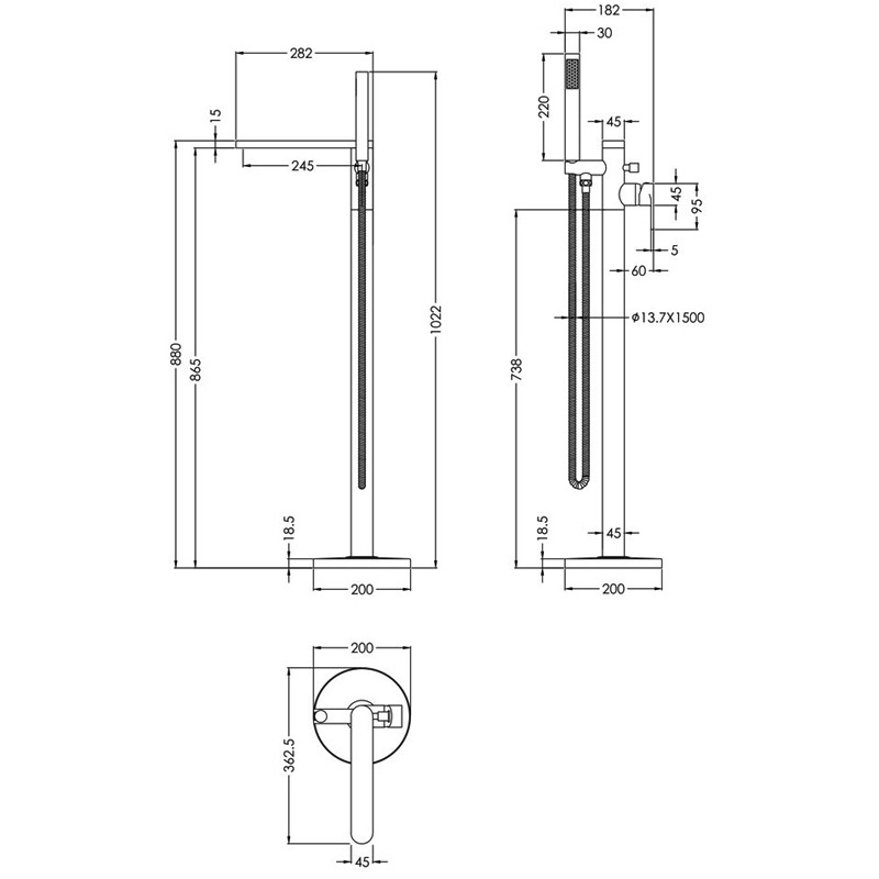 Nuie Windon Freestanding Bath Shower Mixer Tap with Shower Kit - Brushed Pewter
