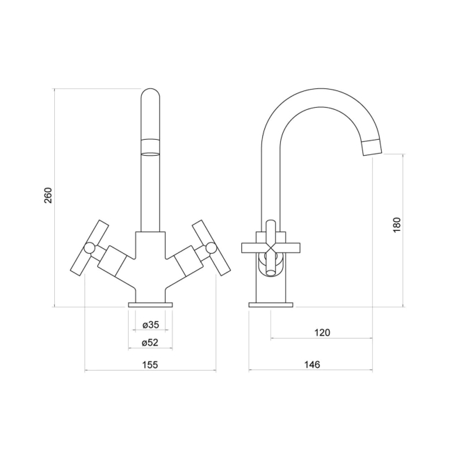 Nuie Yareth Kitchen Sink Mixer Tap Dual Handle - Chrome  | Dimension Image