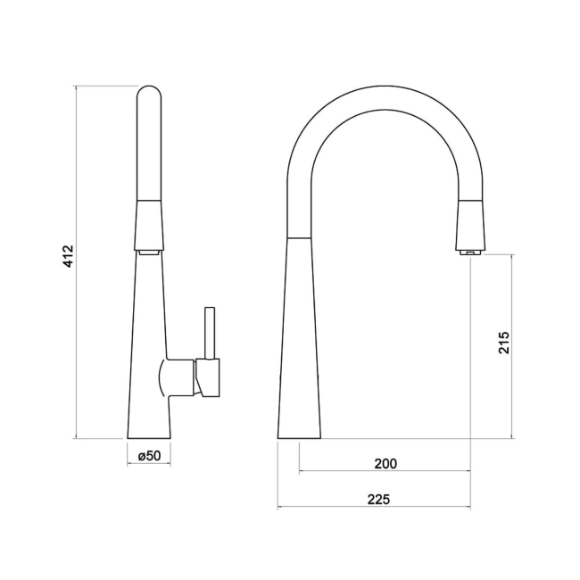 Nuie Ziro Pull Out Kitchen Sink Mixer Tap Single Lever Handle - Brushed Gold  | Dimension Image