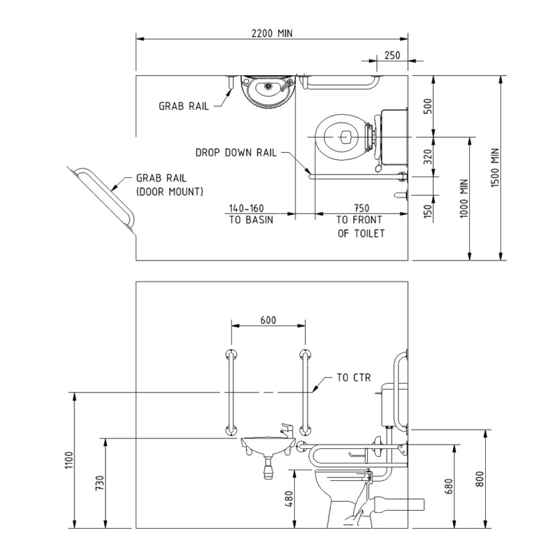Nymas Low Level Disabled Toilet Doc M Pack White - Dark Blue Grab Rails