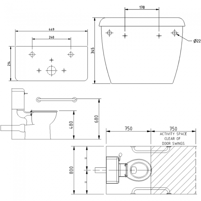 Nymas Nyma PRO Close Coupled Toilet Doc M Pack White - 2 x Satin Grab Rails