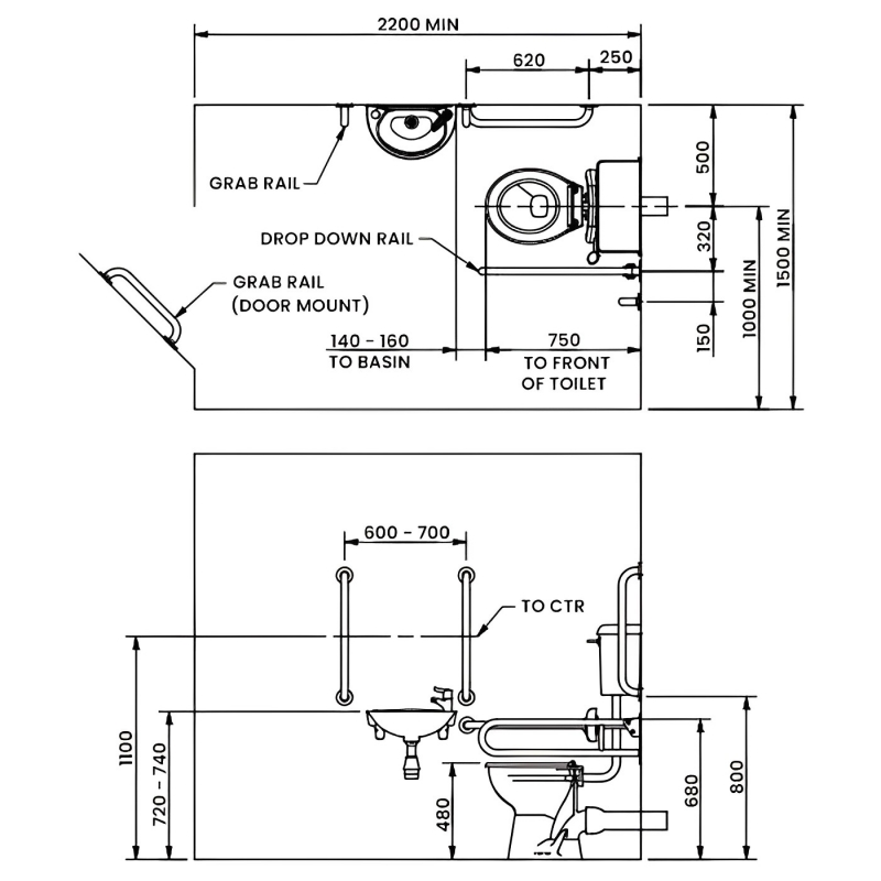 Nymas NymaPRO Low Level Doc M Toilet Pack with Stainless Steel Grab Rails and TMV3 Valve - Polished