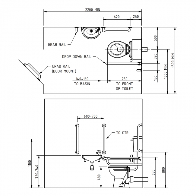 Nymas NymaCARE Low Level Lockable Cistern Doc M Toilet Pack with TMV3 Valve - Satin Grab Rails