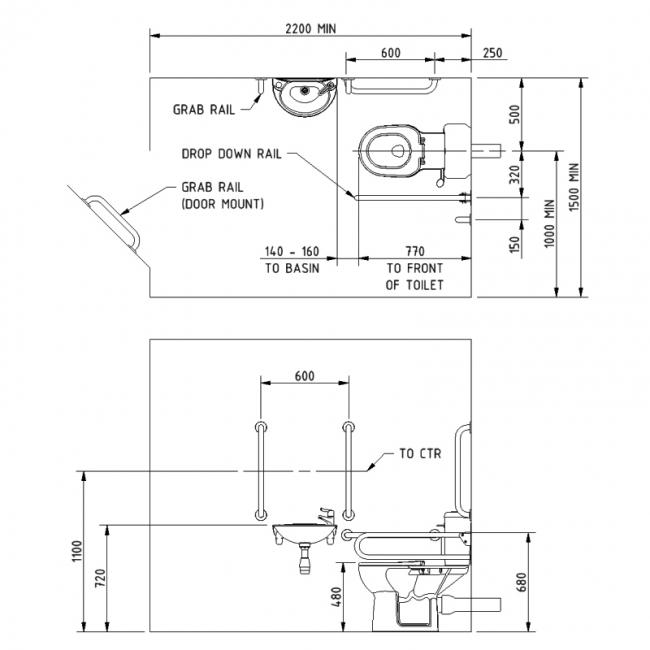 Nymas NymaCARE Rimless Close Coupled Doc M Toilet Pack with Stainless Steel Grab Rails - Satin