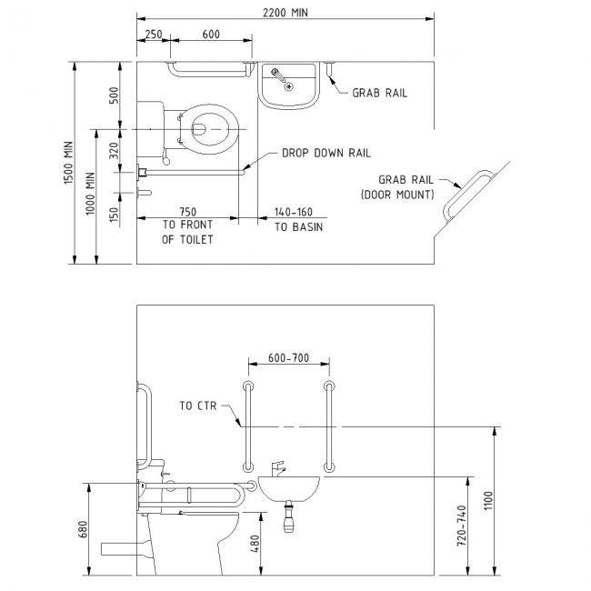 Nymas NymaCARE Premium Rimless RH Close Coupled Doc M Toilet Pack with TMV3 Tap - Satin Grab Rails