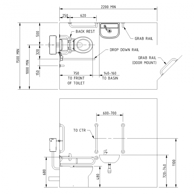 Nymas NymaCARE Premium Rimless RH Back to Wall Doc M Toilet Pack with TMV3 Valve - Satin Grab Rails