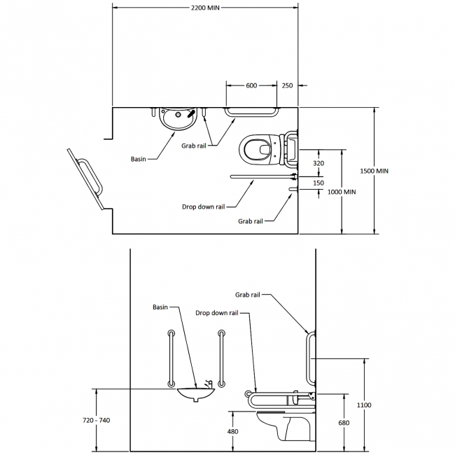 Nymas NymaCARE Wall Hung Doc M Toilet Pack with TMV3 Valve - Dark Grey Grab Rails  | Dimension Image