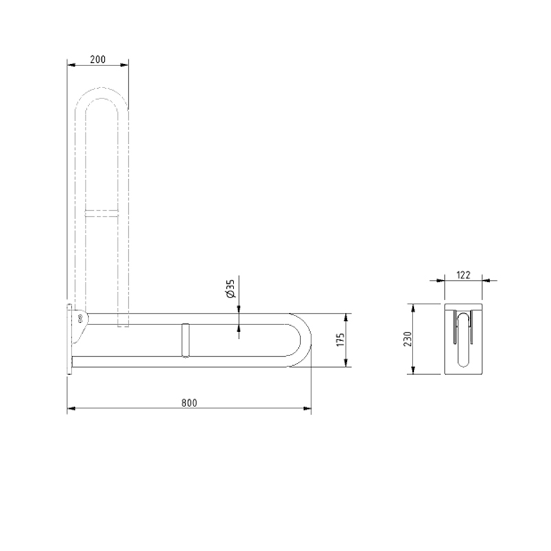 Nymas NymaCARE Friction Hinged Grab Rail with Concealed Back Plate 800mm Length - Grey  | Dimension Image