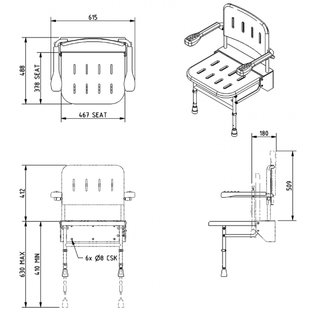 Nymas NymaCARE Premium Wall Mounted Padded Shower Seat with Legs Back and Arms - Grey