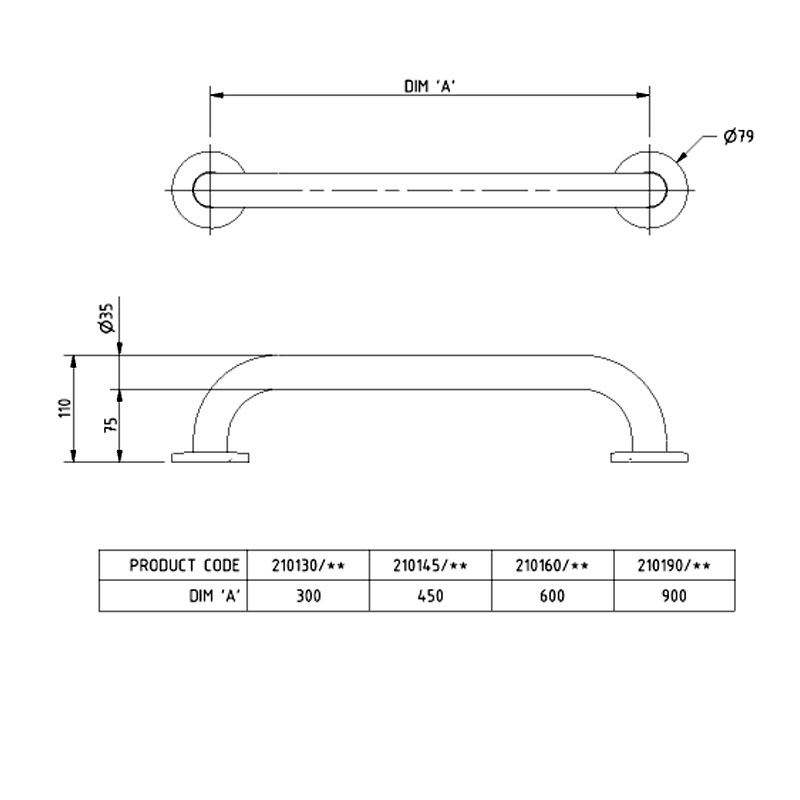 NYMAS Stainless Steel Grab Rail 210190/WH Angled White