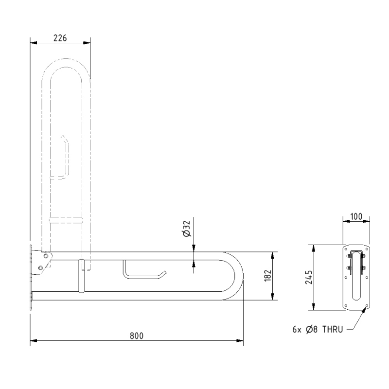 Nymas NymaPRO Lift and Lock Hinged Grab Rail with Roll Holder 800mm Length - Polished
