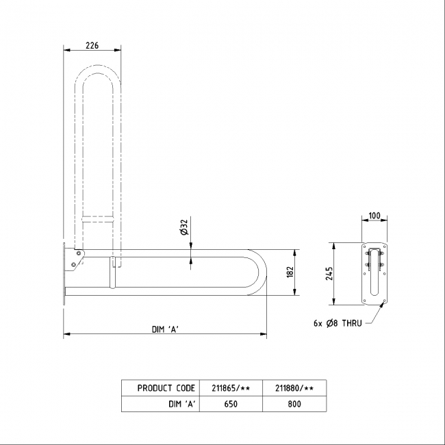 Nymas NymaPRO Stainless Steel Lift and Lock Hinged Grab Rail 650mm Length - Dark Blue