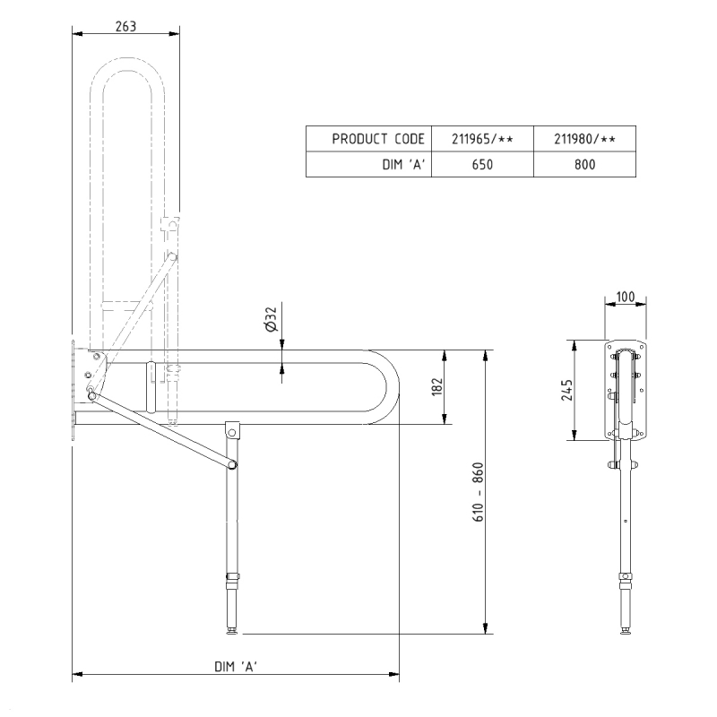 Nymas NymaPRO Lift and Lock Hinged Grab Rail with Leg 650mm Length - Polished