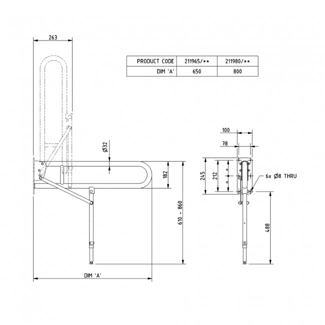 Nymas NymaPRO Lift and Lock Hinged Grab Rail with Leg 800mm Length - Dark Blue