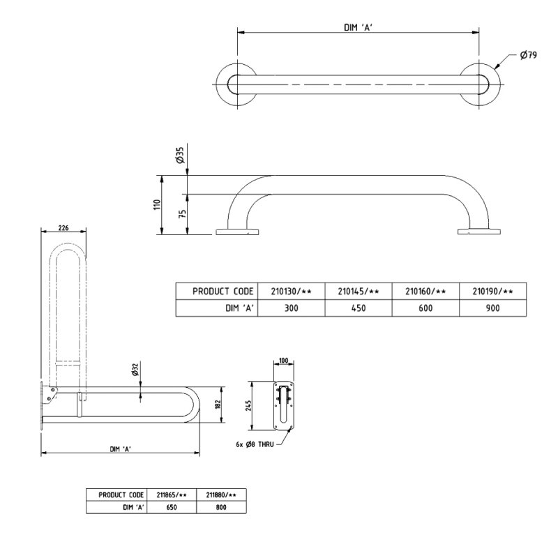 Nymas NymaCARE Concealed Fixing Grab Rails for Doc M Toilet Pack - Polished