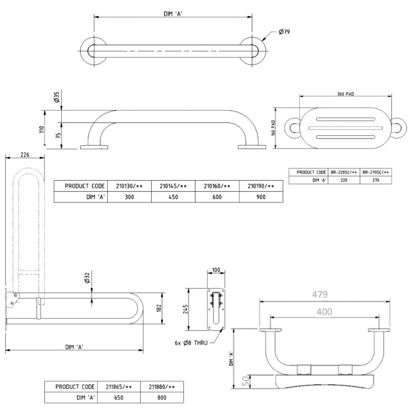 Nymas NymaPRO Concealed Fixing Grab Rails with Back Rest for Doc M Toilet Pack - Dark Blue Rails