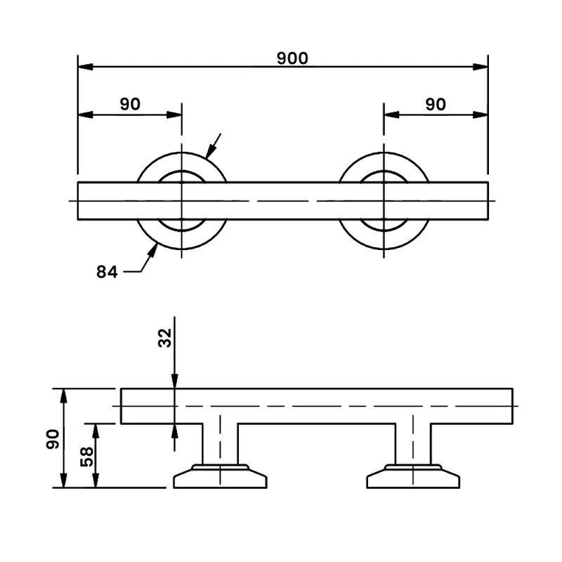 Nymas NymaPRO Contemporary Nylon Flanged Straight Grab Rail 900mm Length - Polished  | Dimension Image