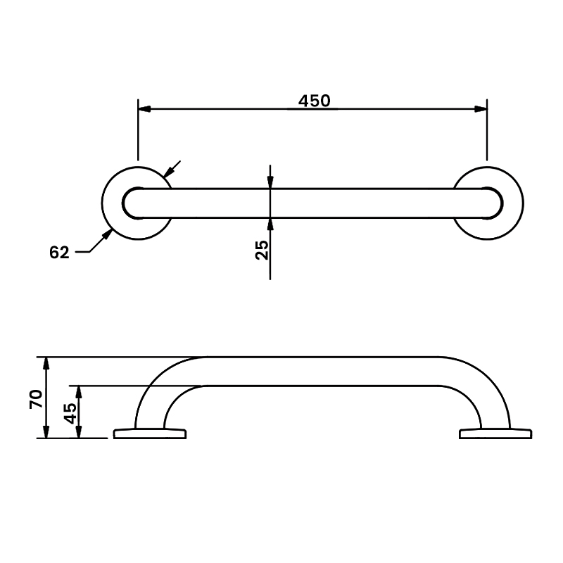 Nymas NymaPRO Stainless Steel Grab Rail 25mm Diameter 450mm Length - Polished  | Dimension Image