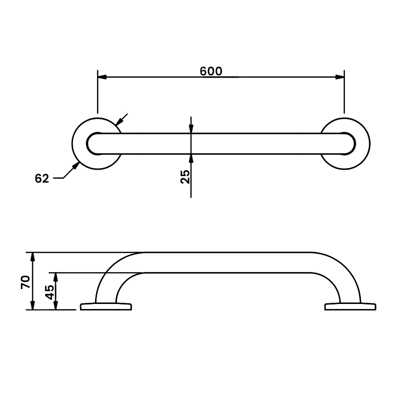 Nymas NymaPRO Stainless Steel Grab Rail 25mm Diameter 600mm Length - Polished  | Dimension Image