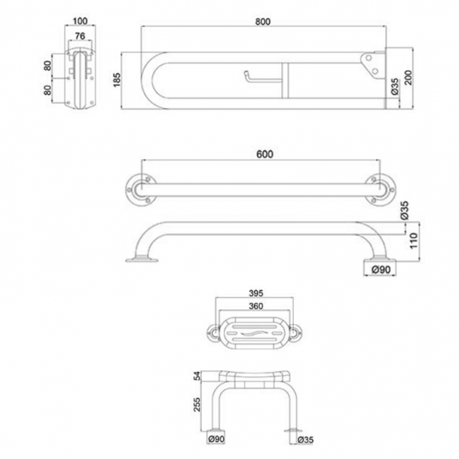 Nymas NymaPRO Exposed Fixing Grab Rails with Back Rest for Doc M Toilet Pack - White