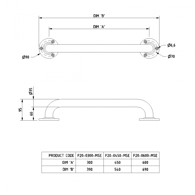 Nymas NymaPRO Round Flange Robust Steel Grab Rail 35mm Diameter 600mm Length - White